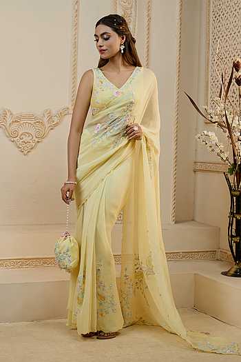 Women White And Yellow Floral Print Saree With Atteched Blouse Piece main image 0