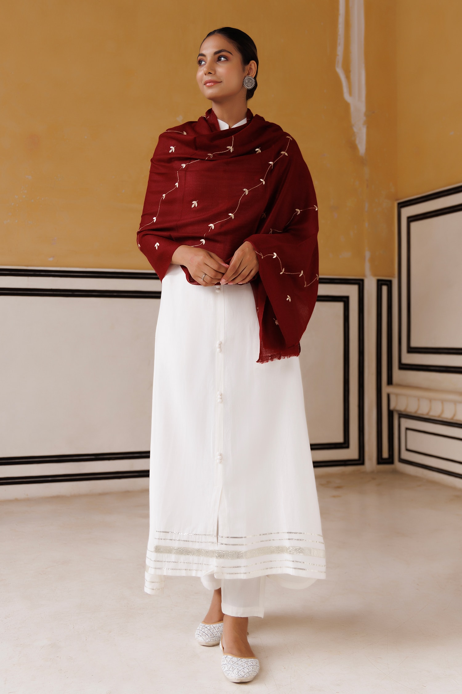 Buy Maroon Gotapatti Wool Jaal Pattern Shawl by Geroo Jaipur Online at