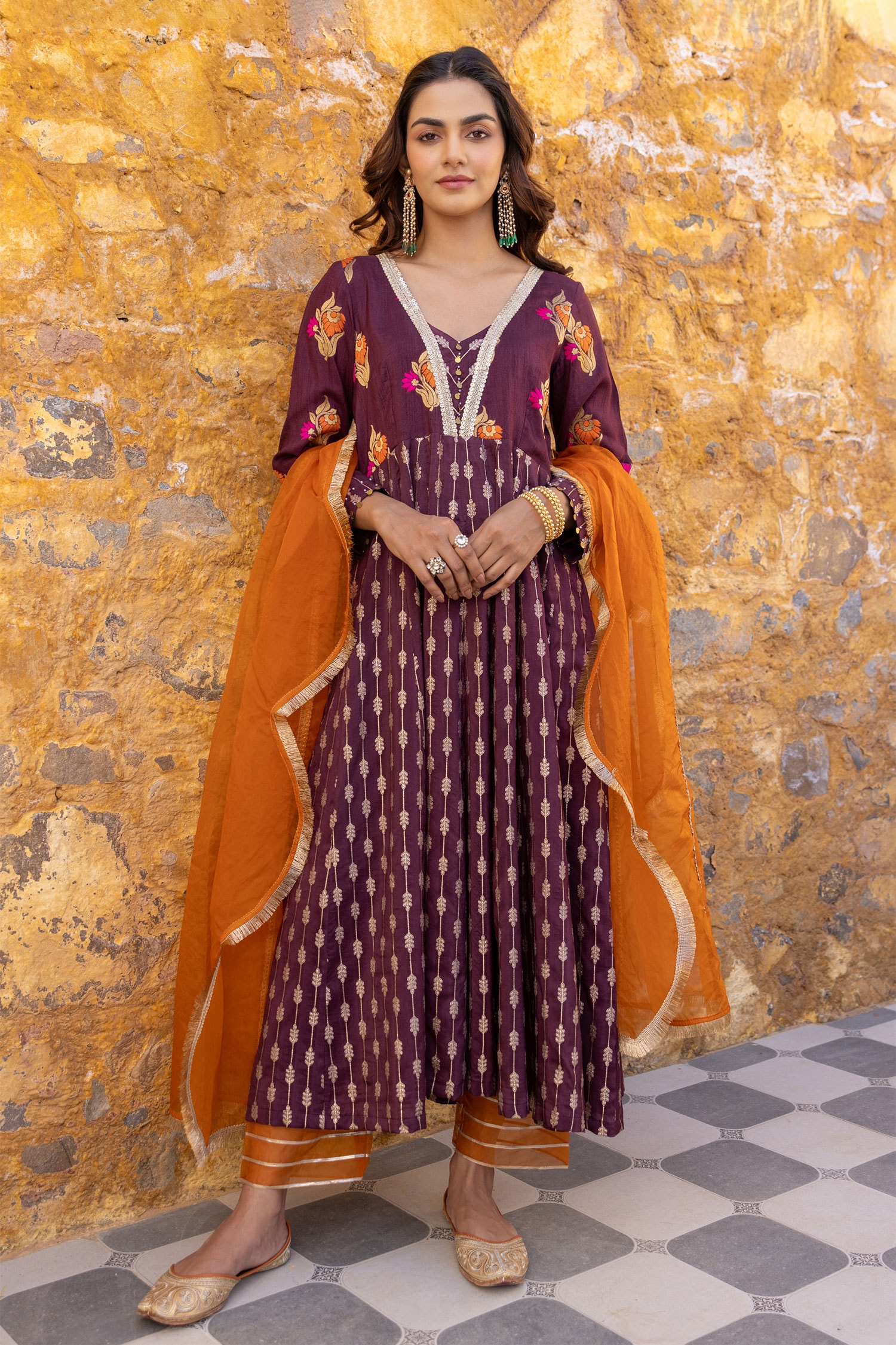 Buy Brown Floral Zari Pattern Anarkali Pant Set For Women by Myaara ...