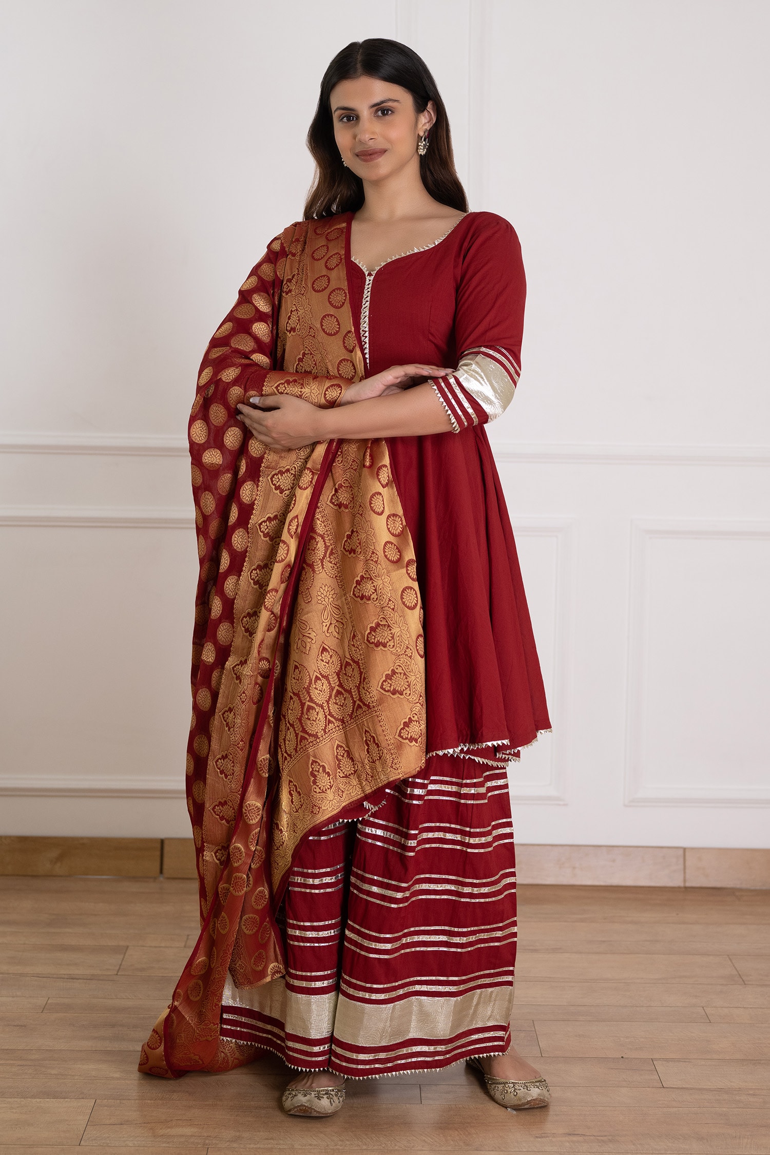 Buy Maroon Cotton Woven Gota Patti Work Sharara Set With Banarasi ...