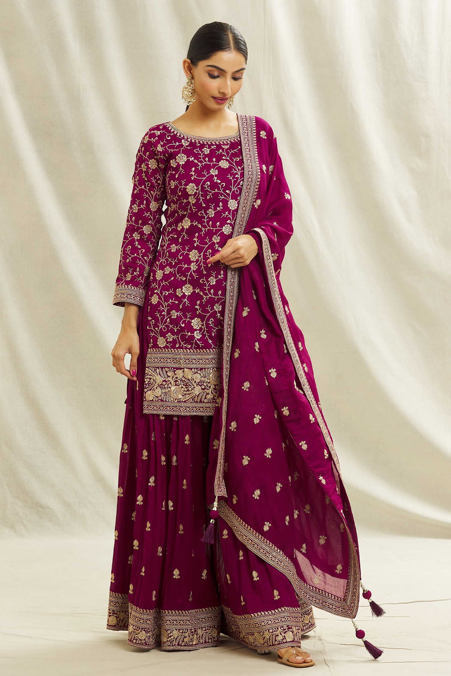 Buy Samyukta Singhania Purple Silk Blossom Vine Pattern Kurta Palazzo ...
