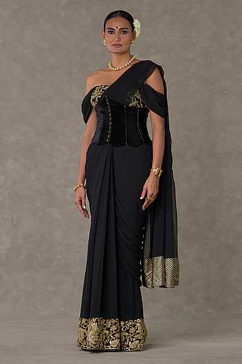 Buy Masaba Black Neel Kamal Embroidered Pre-stitched Saree Set Online ...