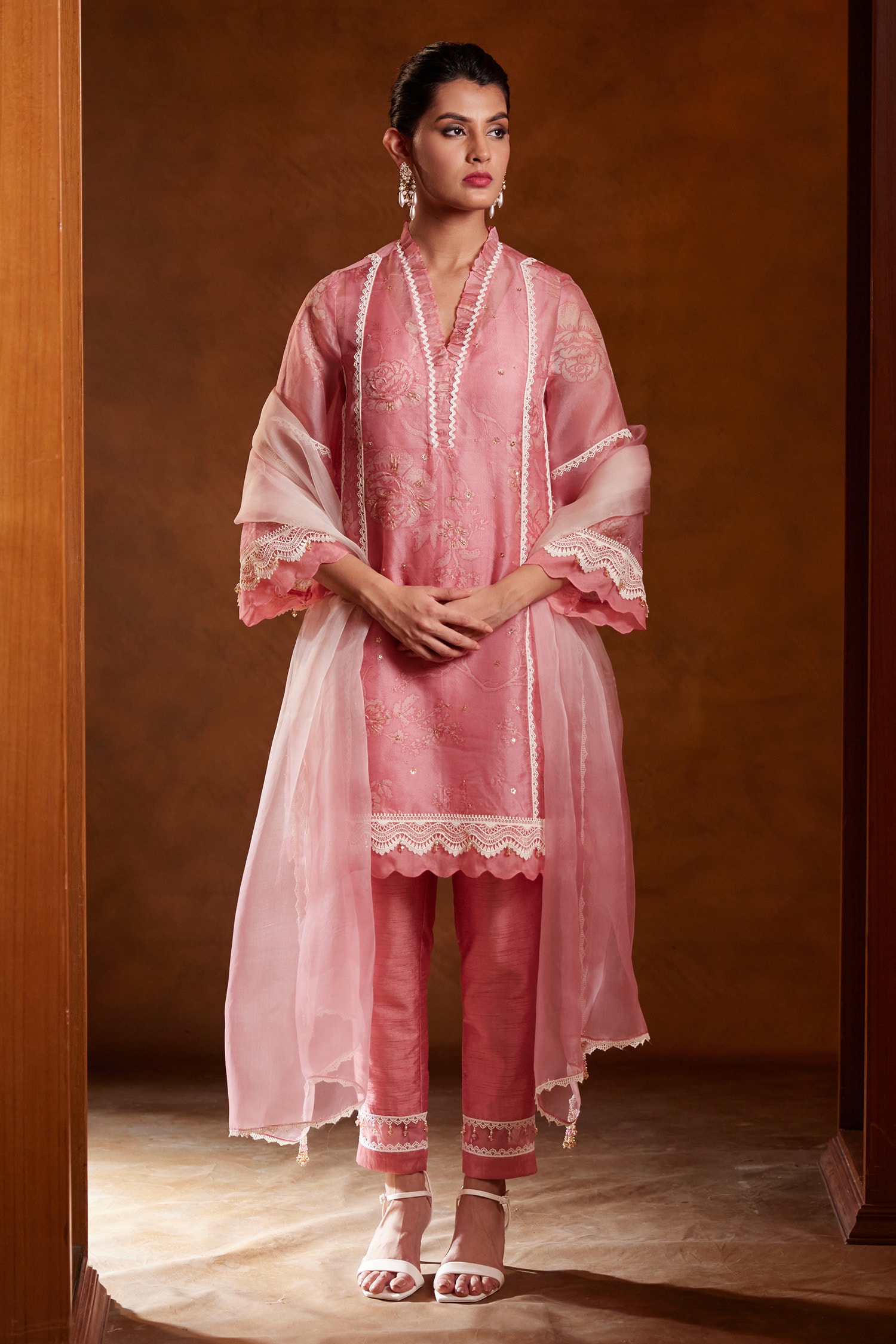 Buy Bunka Pink Organza Farida Floral Print Kurta Pant Set Online Aza