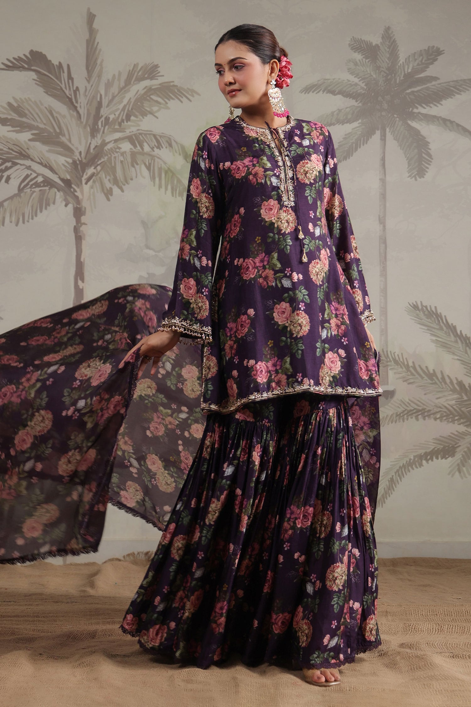 Buy Purple Silk Printed And Embroidered Vintage Rose Kurta Sharara Set ...