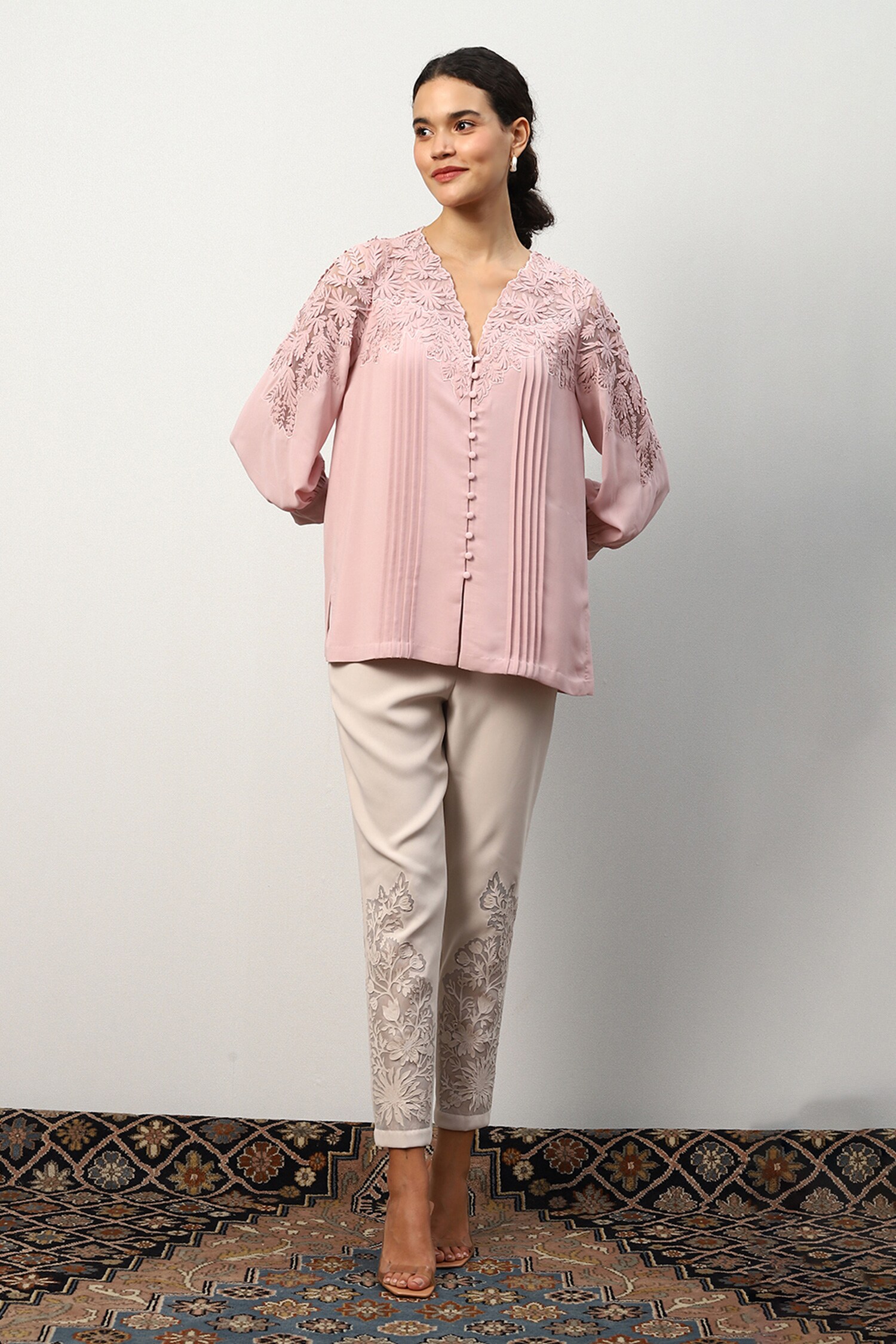Buy Pink Viscose Georgette Embroidery Floral V Neck Maeve Blouse For ...