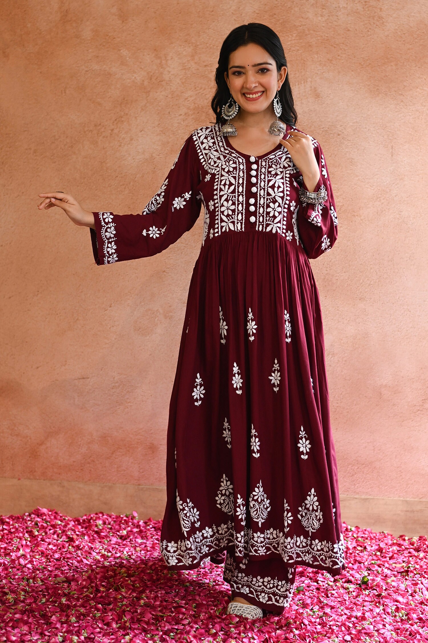 Buy Maroon Modal Gulnar Flower Chikankari Work Anarkali With Pant For ...