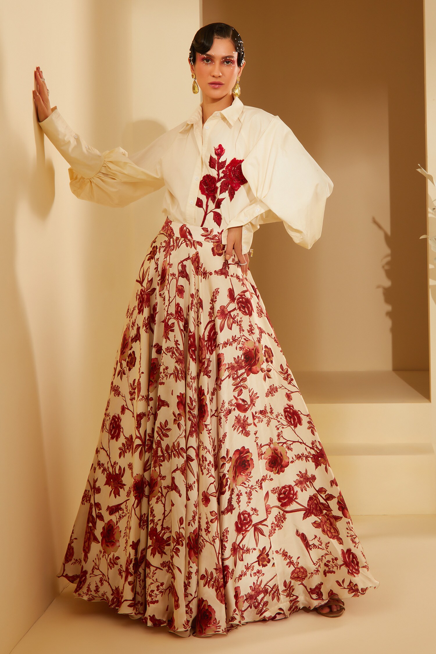 Buy Cream Satin Printed And Embroidered Rose Collar Skirt & Shirt Set For Women by