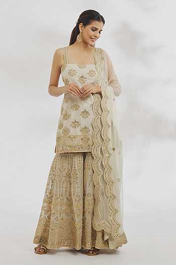Babyhug Full Sleeves Cotton Woven Embroidered Kurta Gharara Set with Dupatta Tie & Dye Print - Blue & White