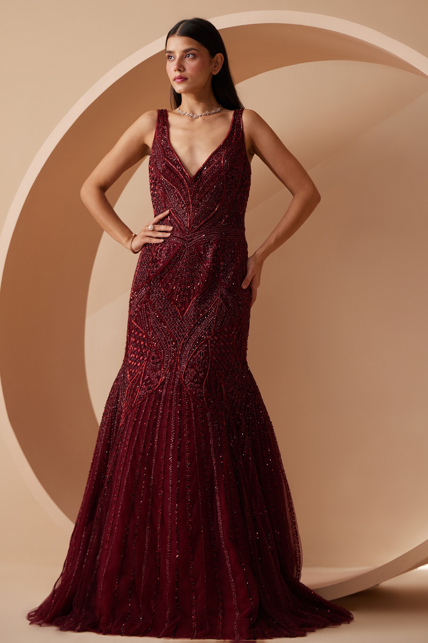 Embroidered Taffeta Silk Layered Gown in Maroon and Black : UDJ65