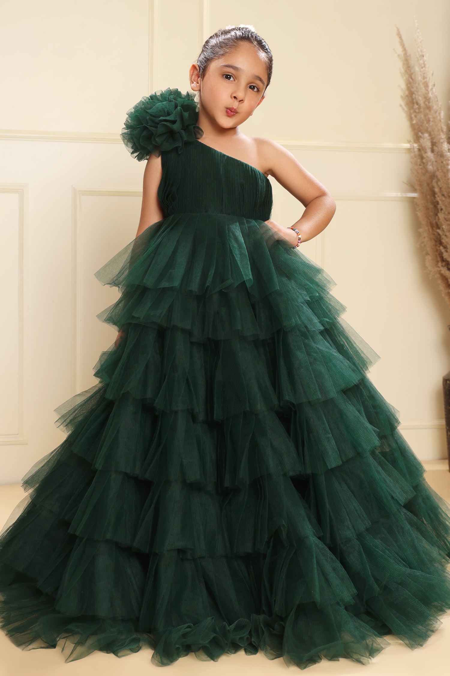Buy LittleCheer Green Layered Ball Gown For Girls Online | Aza Fashions