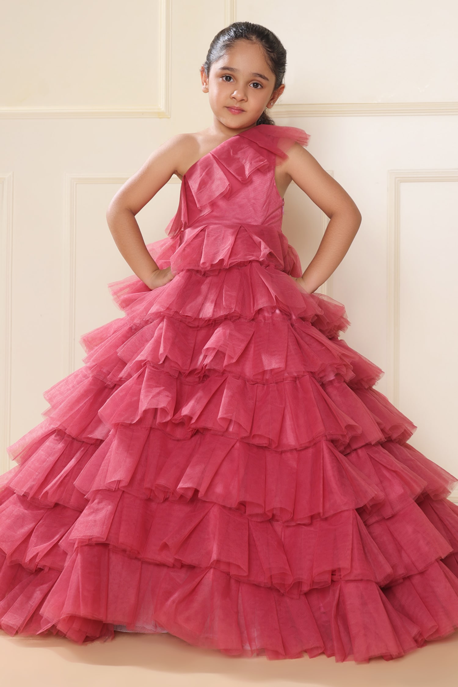 Buy LittleCheer Pink Ruffle Tiered Ball Gown For Girls Online | Aza ...
