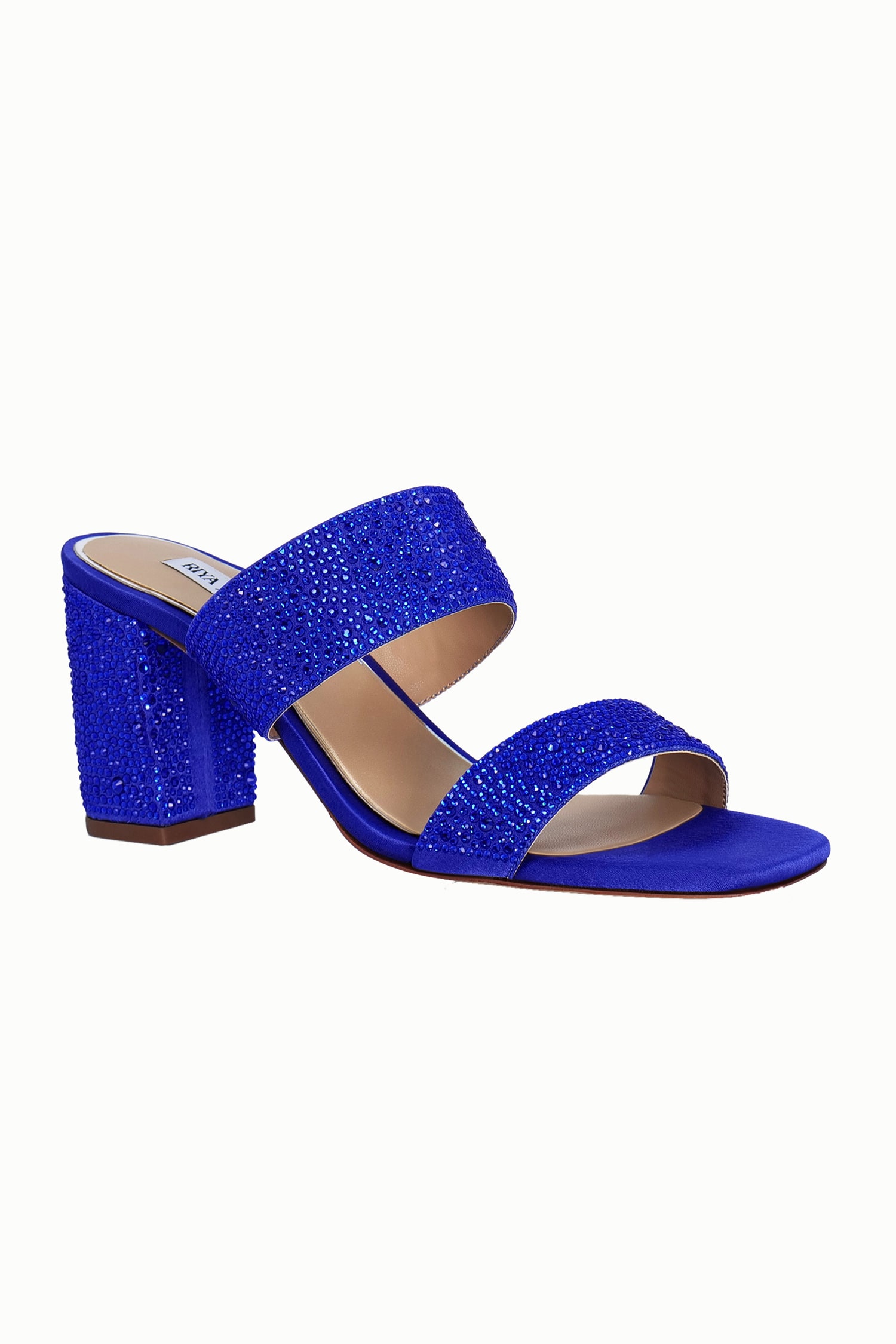 Riya Jaisinghani Blue Embellished Tahira Crystal Satin Block Heels