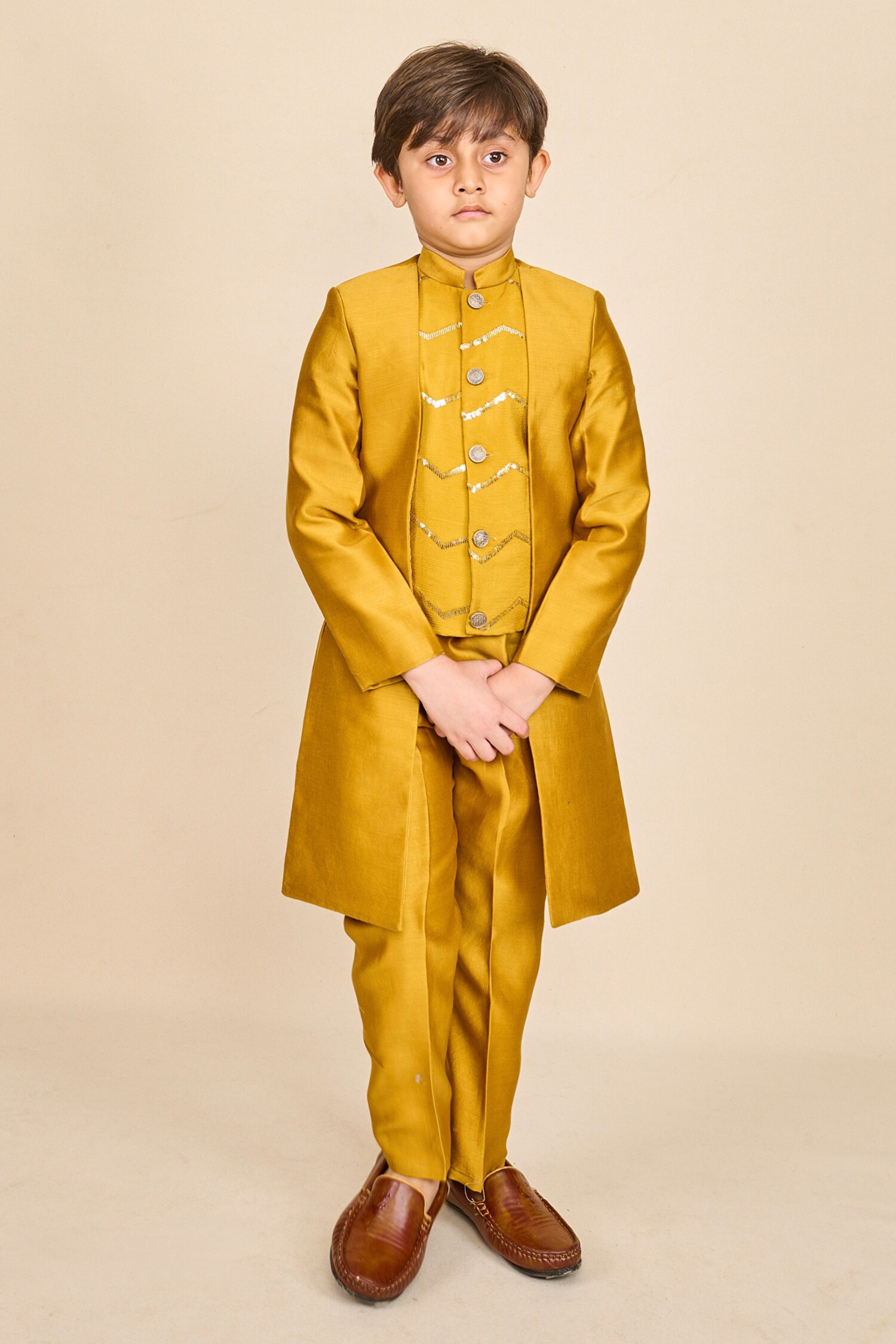 All Boy Couture Yellow Sequin Embroidered High-low Achkan Set For Boys
