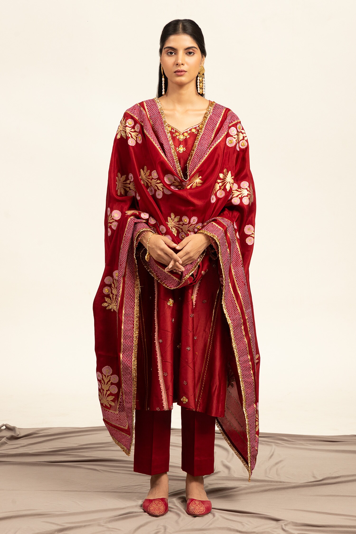 Buy Shetab Kazmi Chanderi Double Kali Embroidered Kurta Pant Set Online