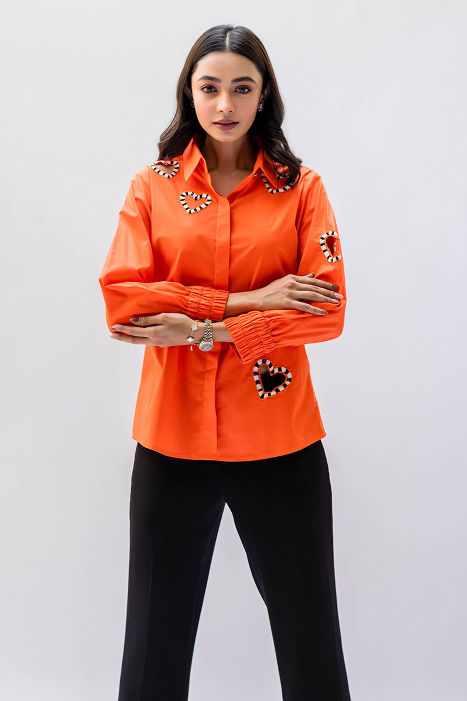 House of Dreams - Orange Cotton Poplin Embellished Hearts Wide Love  Embroidered Shirt For Women