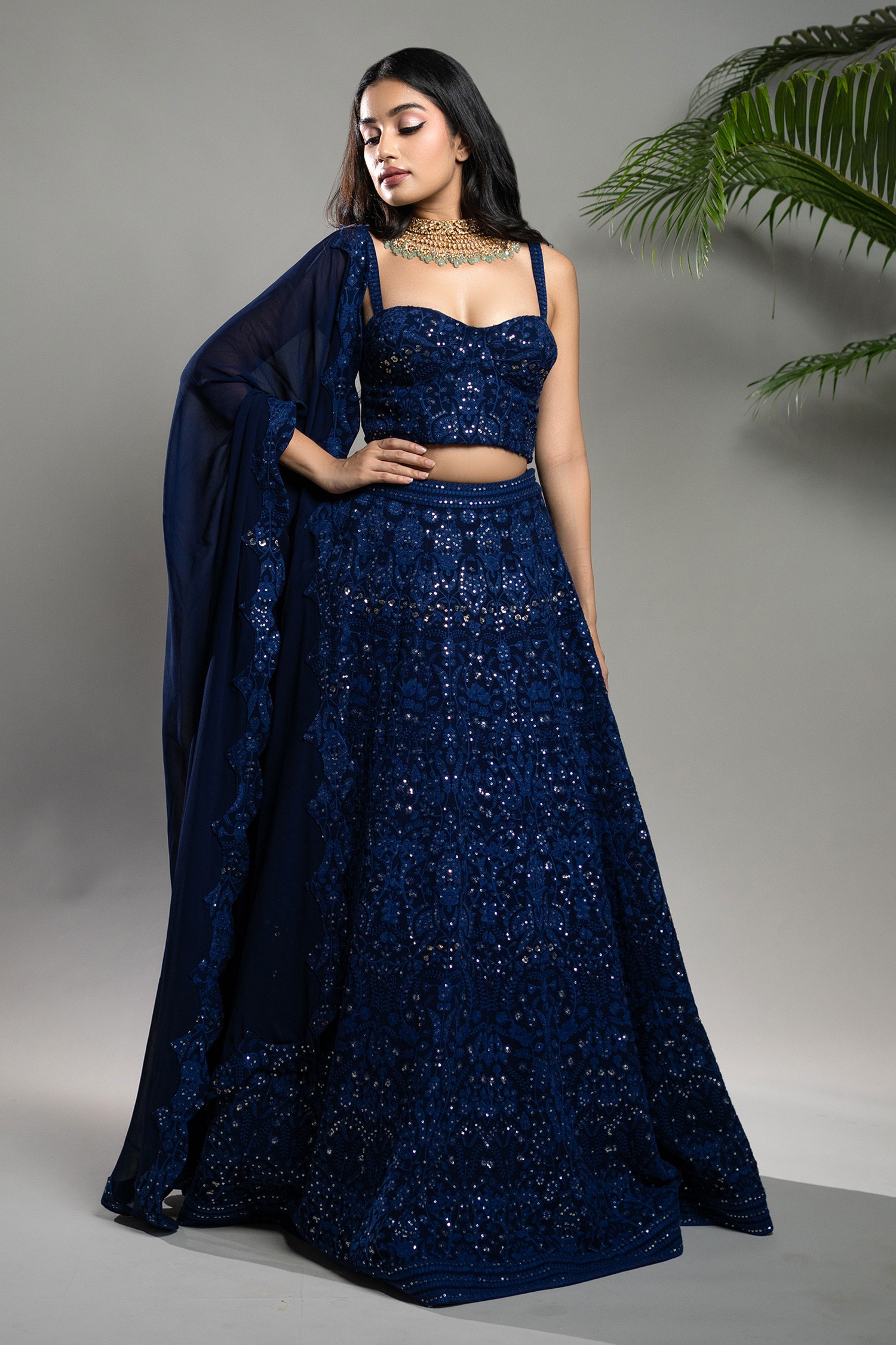 Buy Blue Georgette Embroidered Chikankari Floral Bridal Lehenga Set For ...