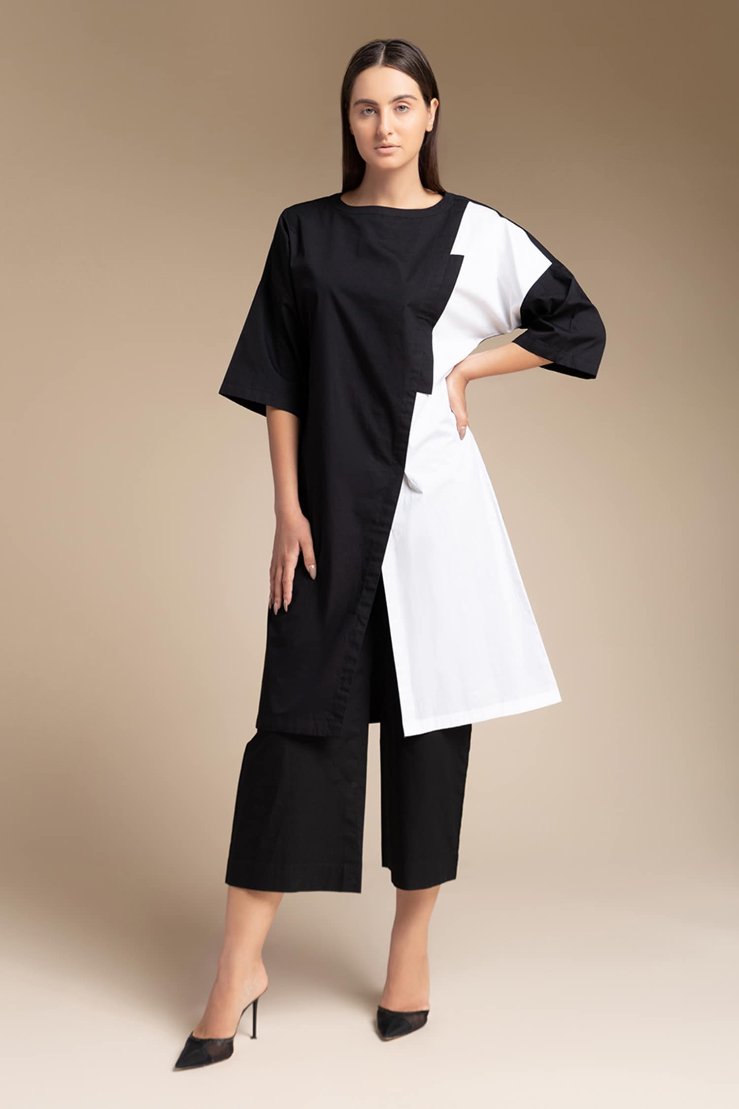 Buy Black 100% Cotton Plain Round Color Block Tunic And Pant Stet For ...