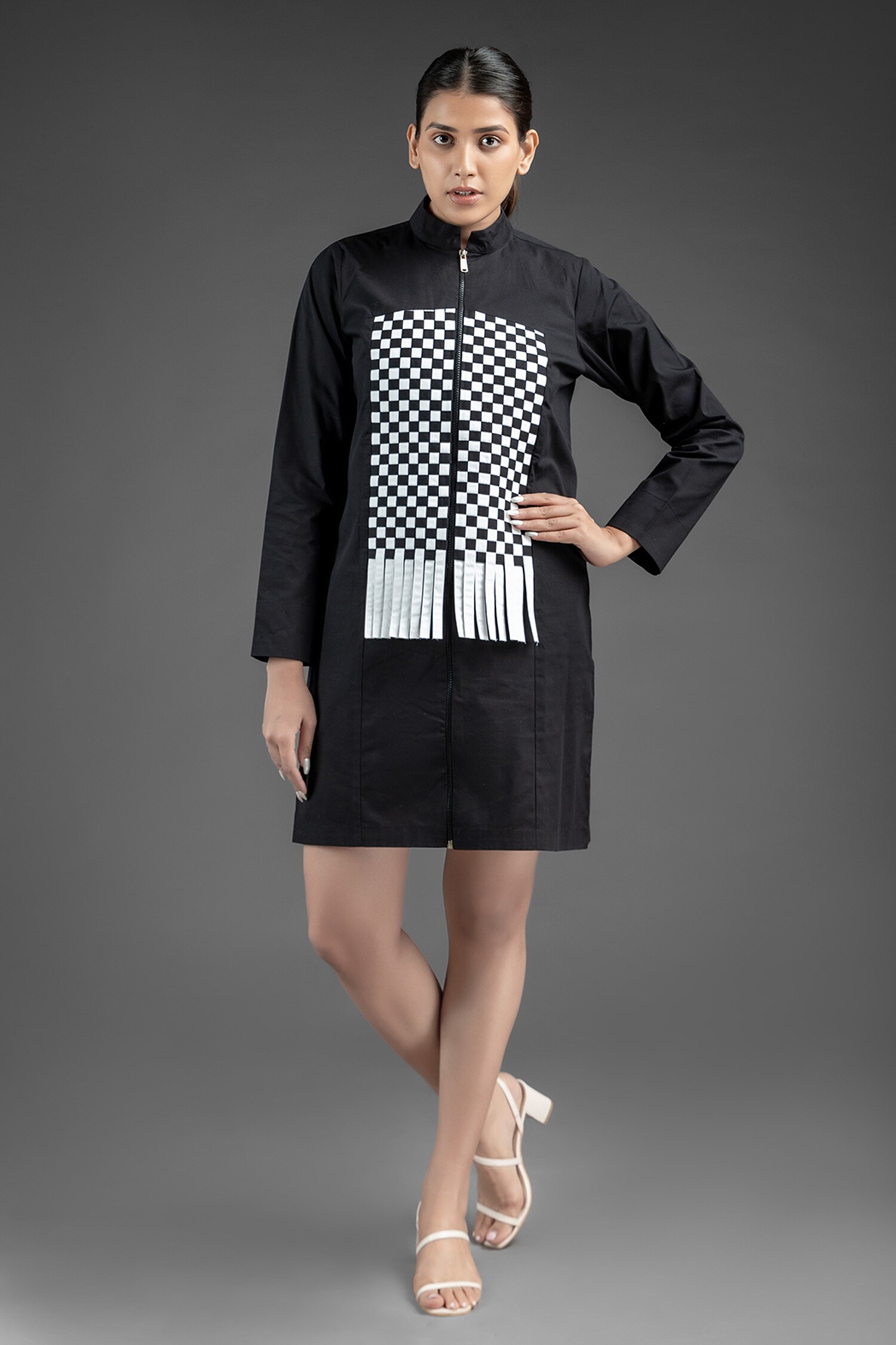 Buy Black 100 Cotton Print Chequered Stand Collar Jacket Dress For