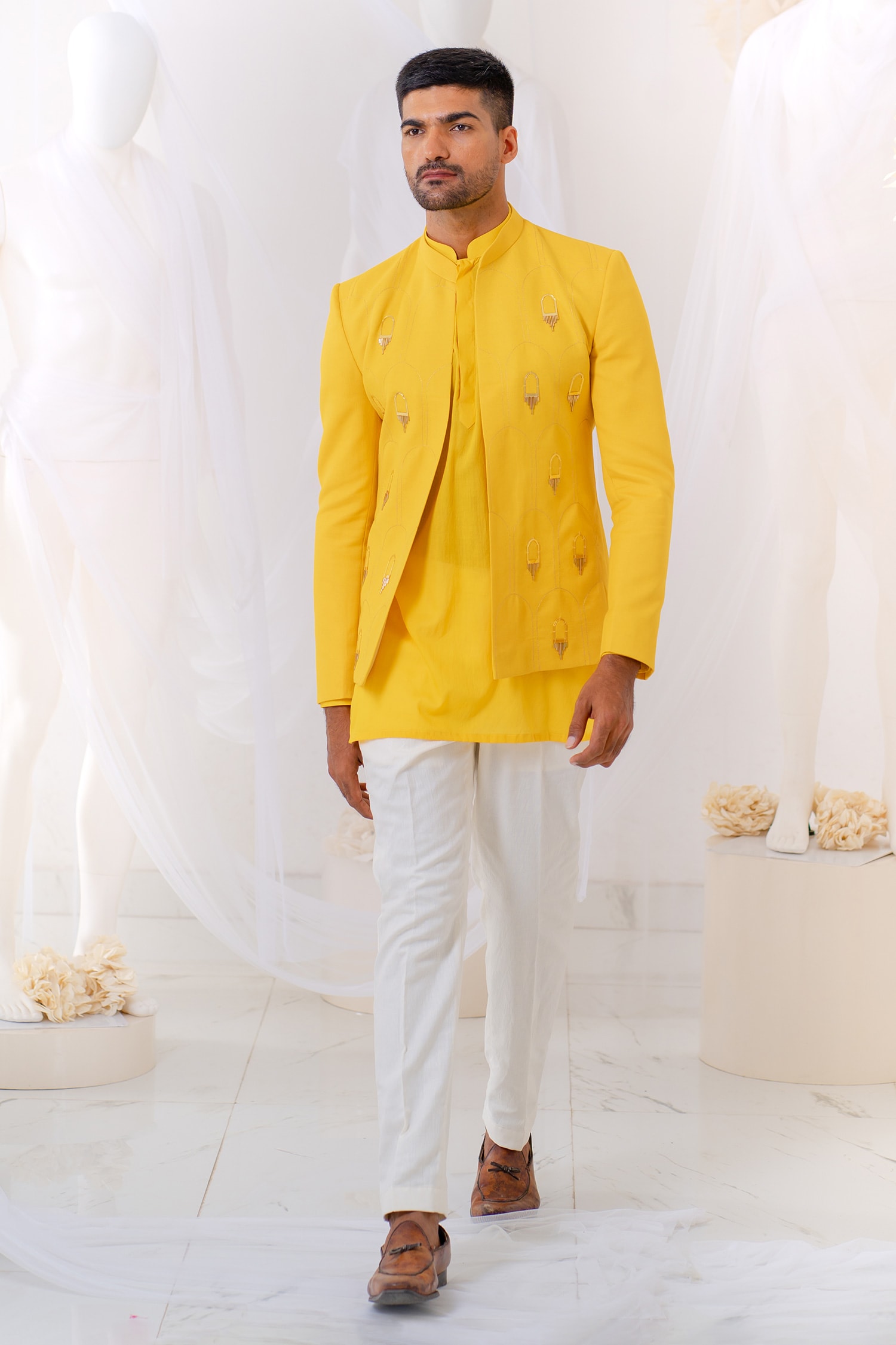 Buy Gold Jodhpuri And Pant Pyjama Cotton Linen Khidki Applique & Kurta