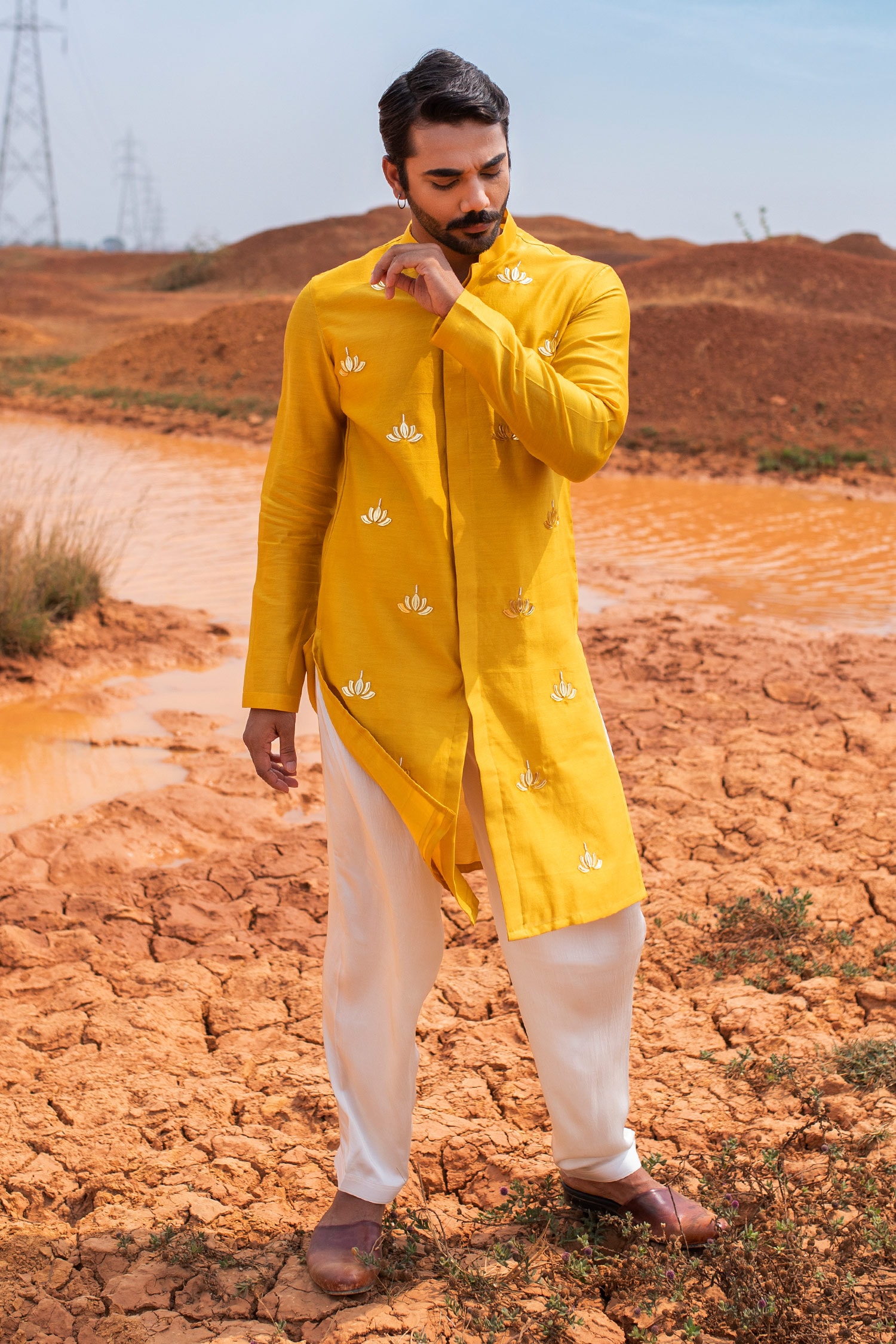 Buy Runit Gupta Yellow Regal Lotus Embroidered Kurta Set Online | Aza ...