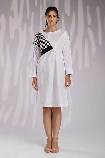 Buy White 100% Cotton Woven And Embroidered Checkered Pattern Applique ...