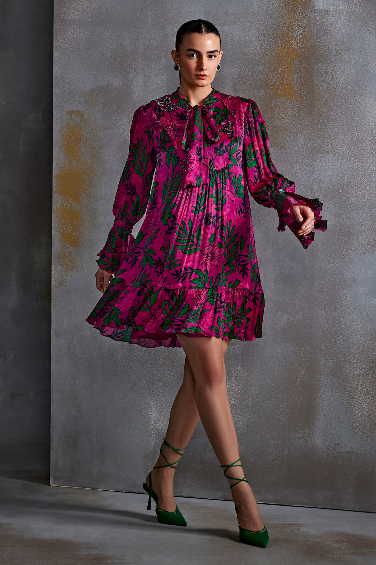 Buy Pink Crinkled Cupro Silk Print Willow Shrub Angel Sleeves Dress For ...