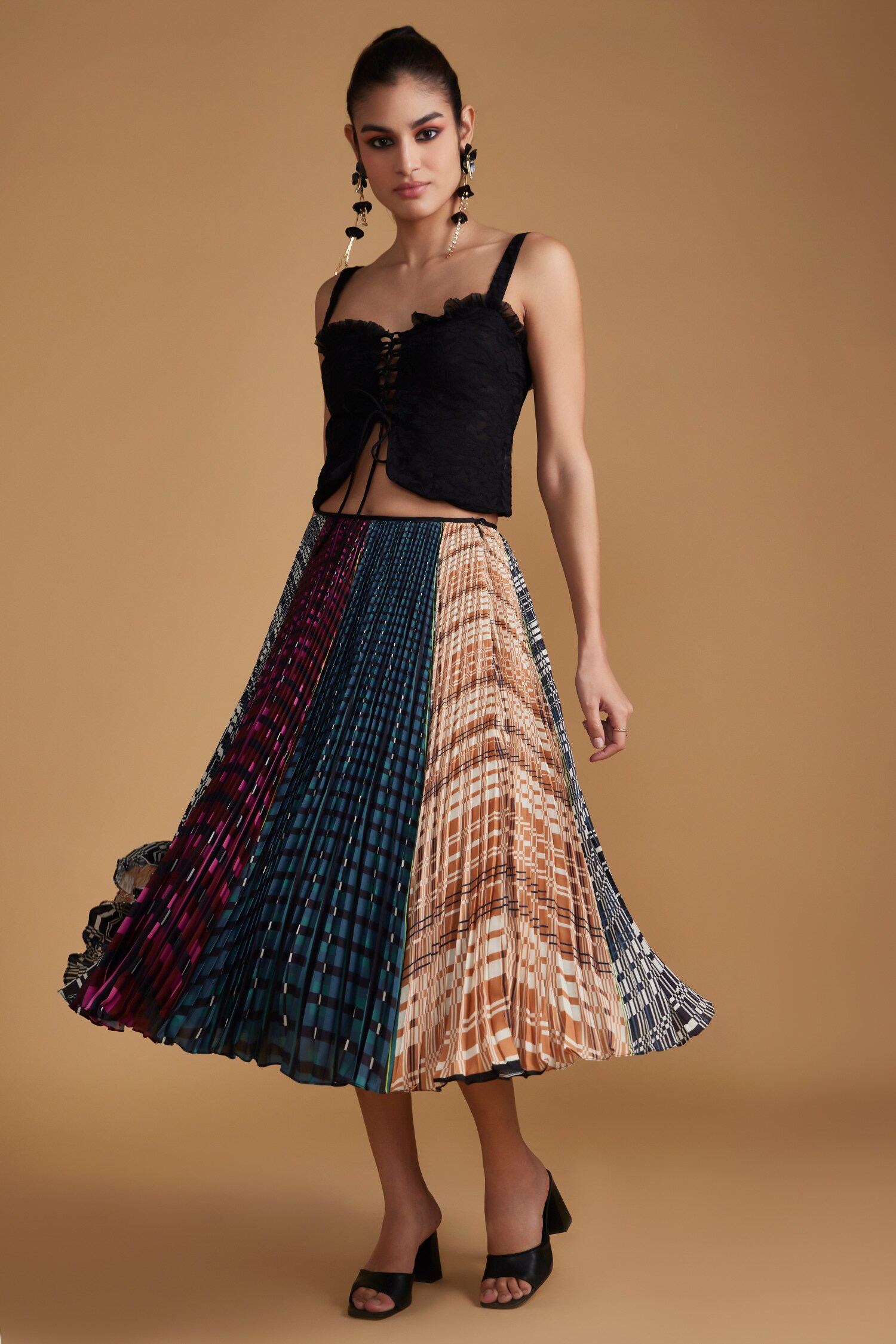 Buy Multi Color Polyester Printed Checkered Pleated Skirt For Women by