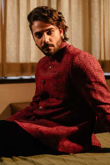 DESIGNER BANDHGALA SET IN RUST CORAL AND WINE main image 1