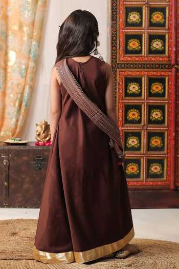 Buy Brown Cotton, Silk Solid Anarkali With Printed Side Cape For Girls by  Cute Couture Online at Aza Fashions.