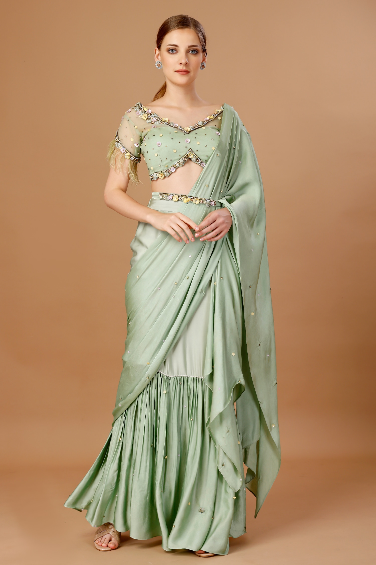 Merge Design Green Modal Satin Embroidery Sequin V Pre-draped Saree With Blouse For Women