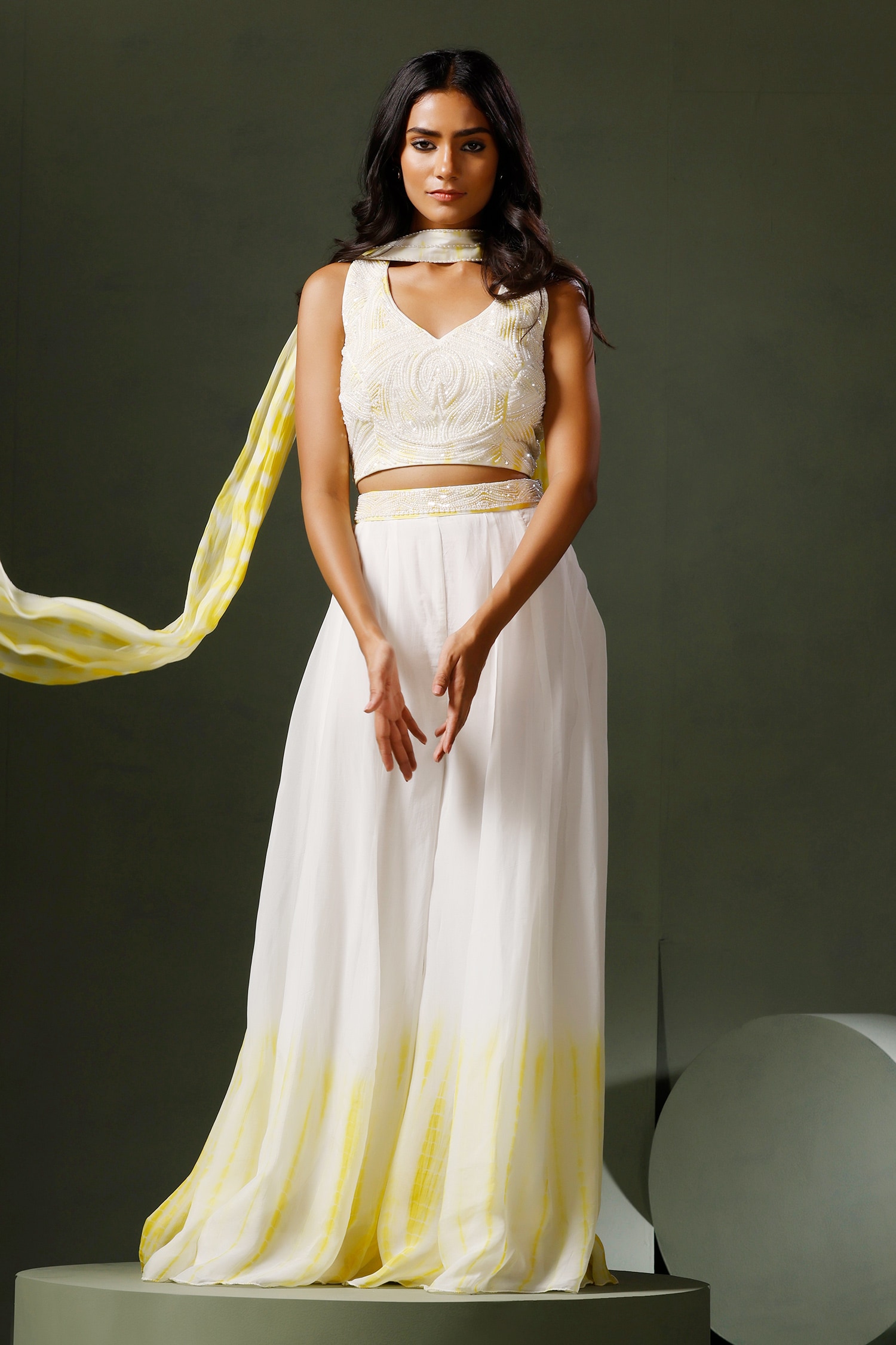 Buy White Georgette Embroidery Pearl Leaf Neck Crop Top Sharara Set For