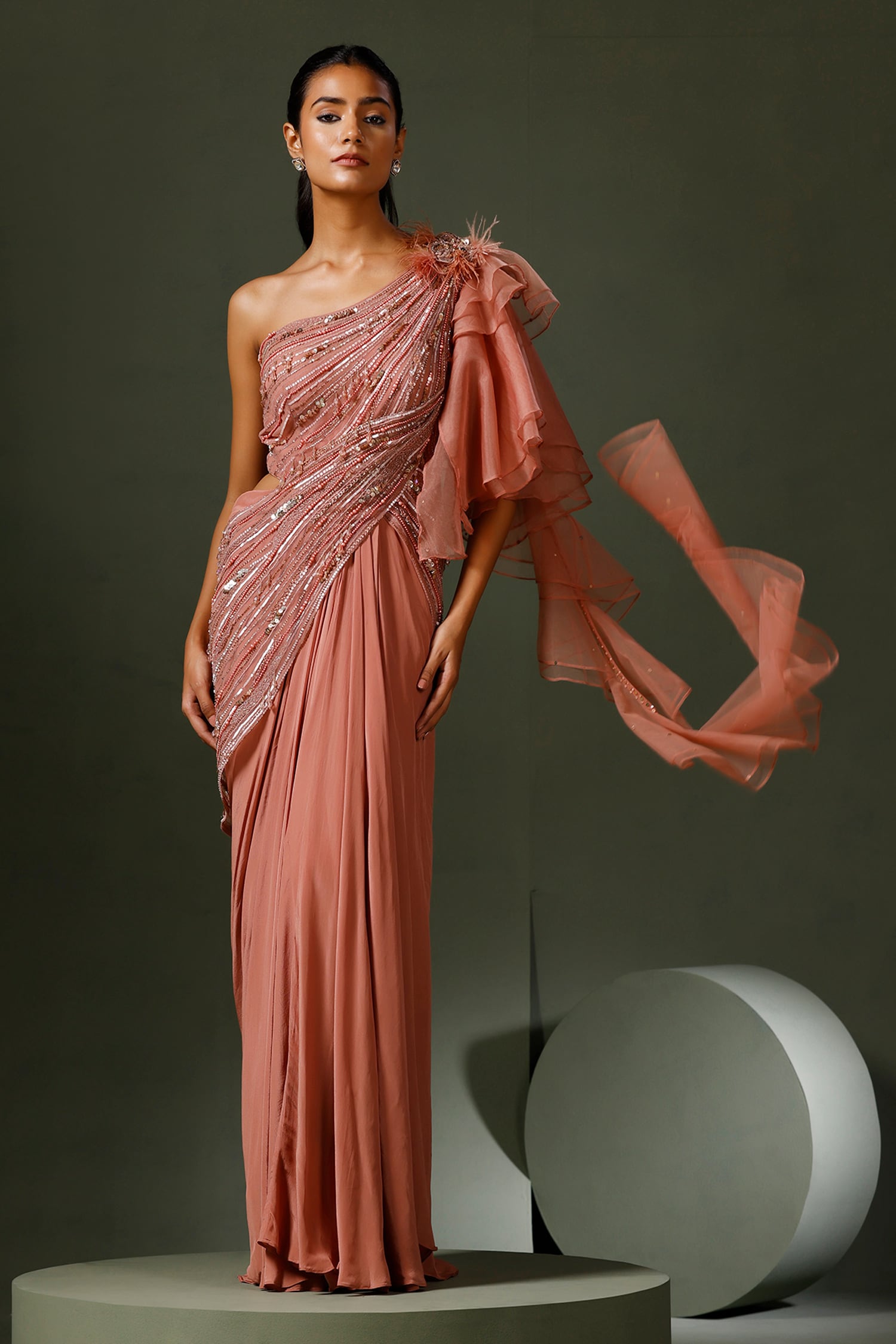 Two Sisters By Gyans Pink Crepe: Bottom Embroidery Sequin Helix Embellished Saree Gown For Women