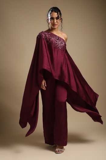 Buy Wine Italian Satin Embroidery One Shoulder Neckline Top And Pant ...