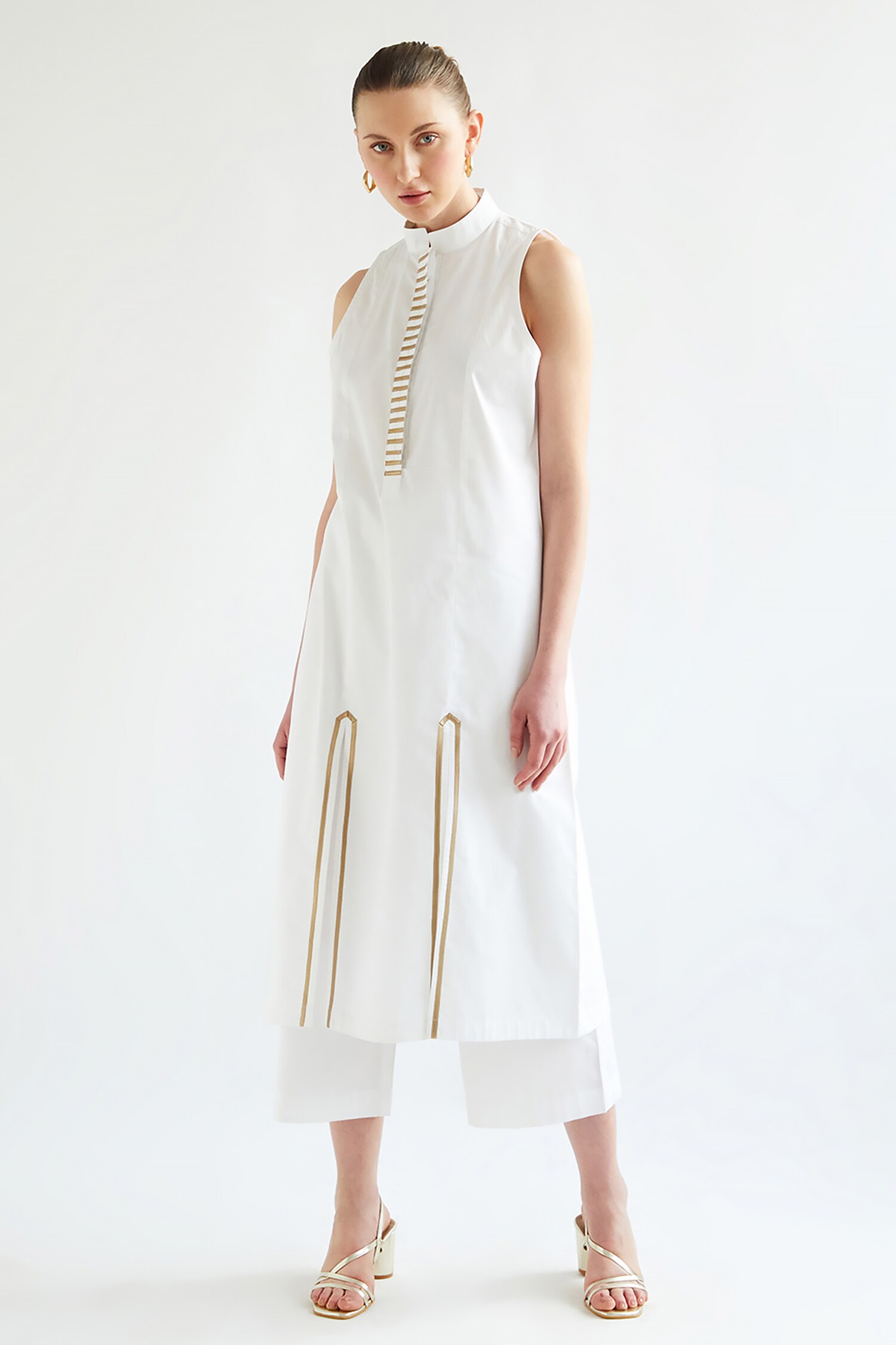 Buy White 100% Cotton Embroidery Leather Band Placket Tunic And Palazzo ...