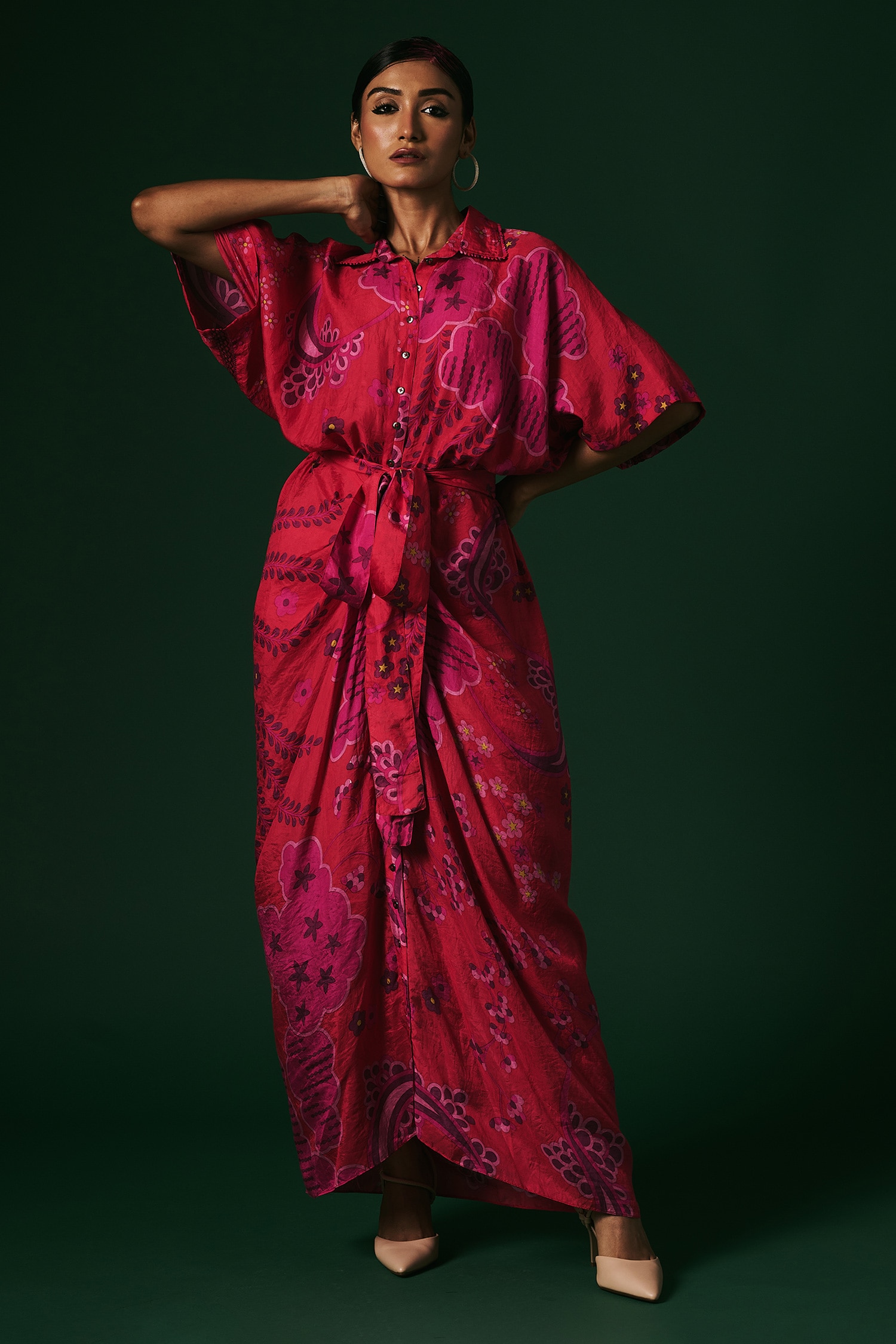 Buy Pink Handwoven Mulberry Silk Hand Printed Hydrangea Draped Dress ...
