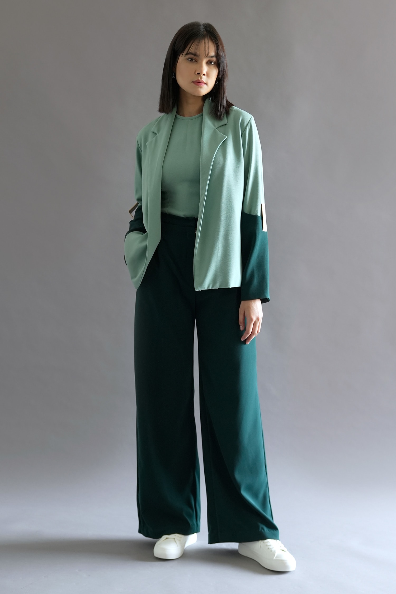 Buy Green Turkey Crepe Plain Blazer Color Block And Flared Pant