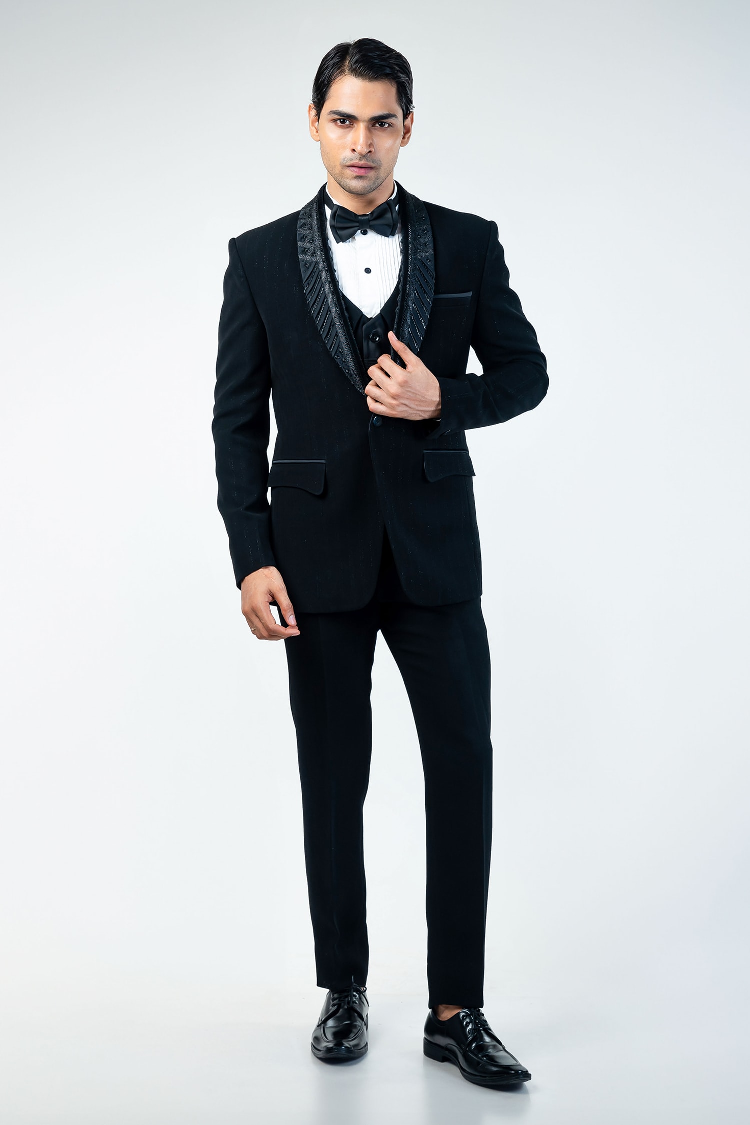 Buy Black Cupro Embroidered Cutdana Tuxedo Waistcoat Set For Men by ...