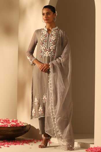 Women Grey Chinon Viscose Kurta Set With Dupatta Embroidery Work