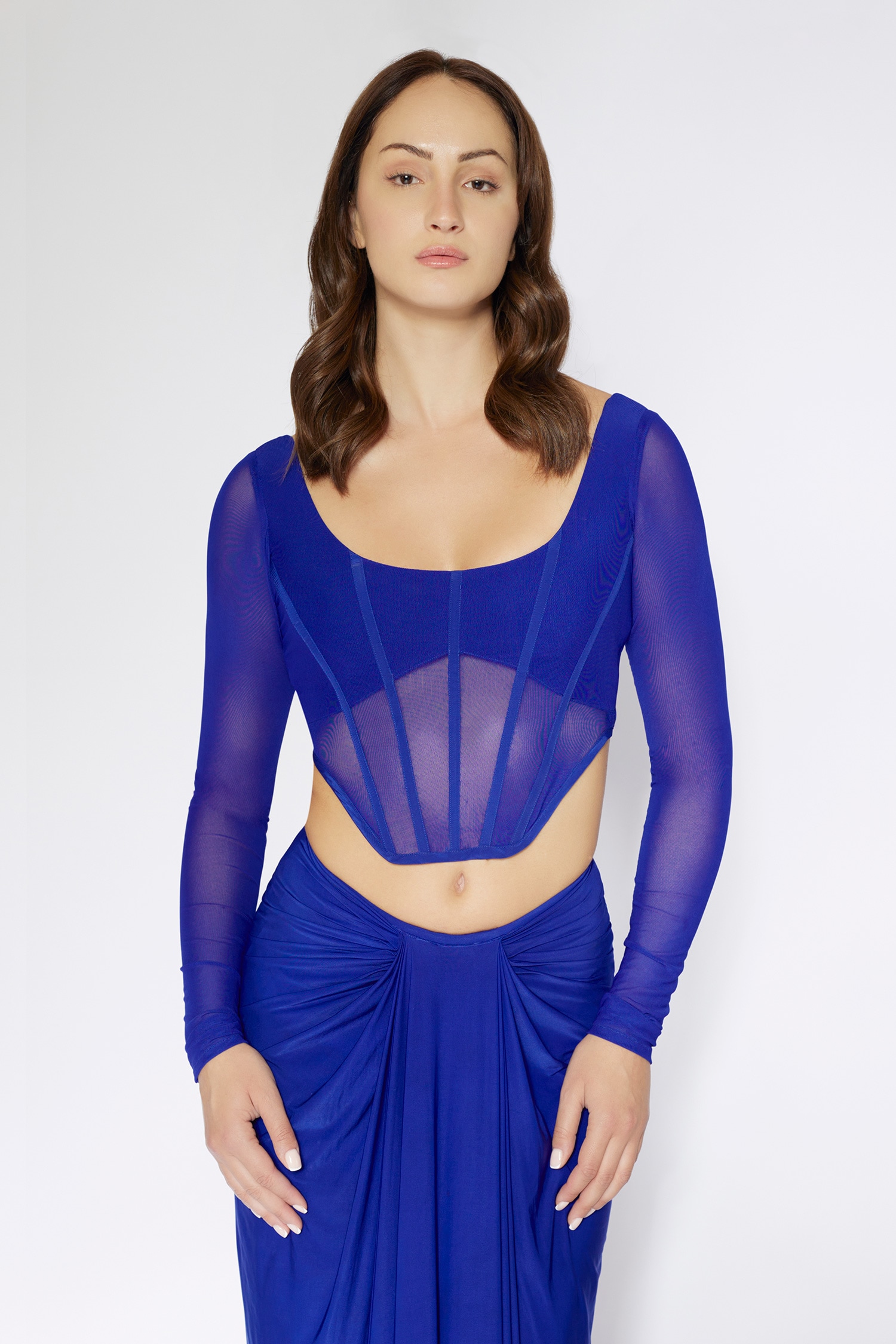 Buy Blue Net Solid Round Sheer Corset Top With Skirt For Women by Deme by  Gabriella Online at Aza Fashions.