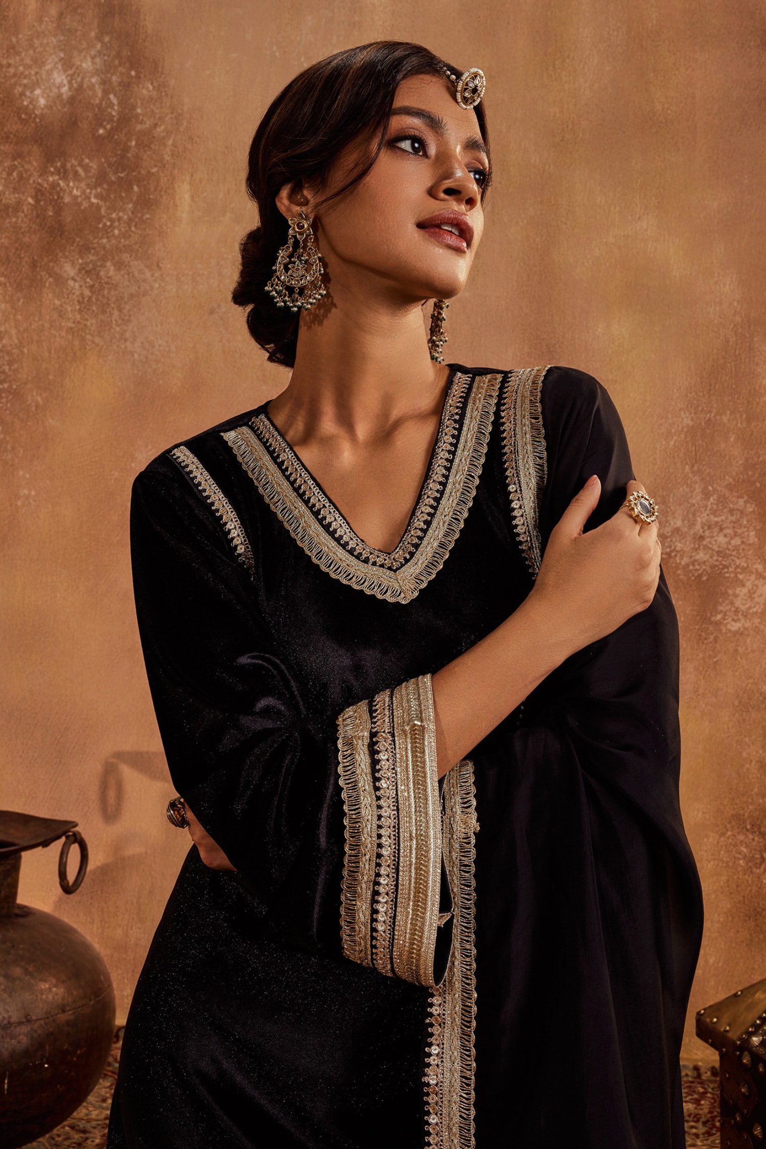 Buy Black Lycra Velvet Hand Embroidered Lace And Nargis Kurta & Pant Set  For Women by Roze Online at Aza Fashions.