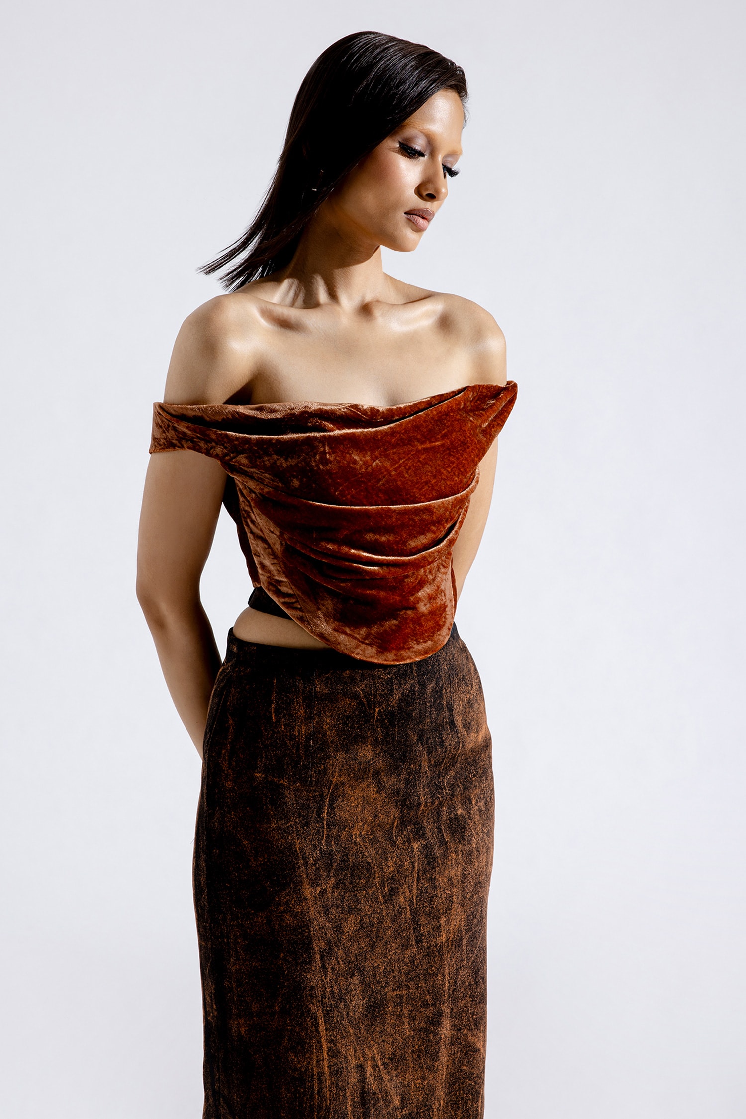 Buy Brown Silk Velvet Plain Straight Amber Draped Corset Top For