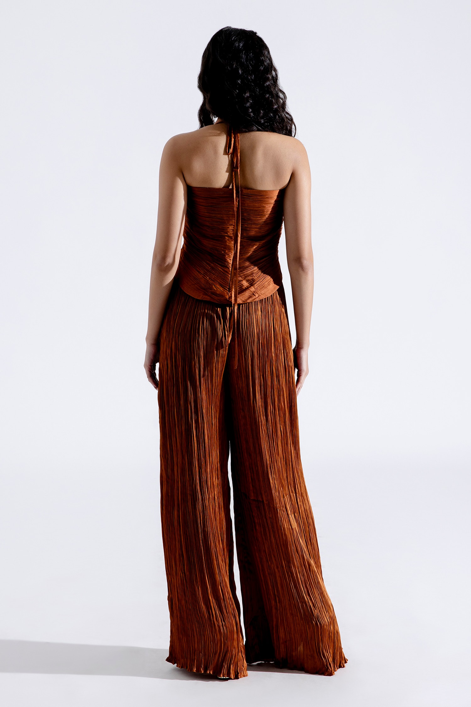 Buy Brown Plain Wide Legged Pleated Pant For Women by Aroka Online
