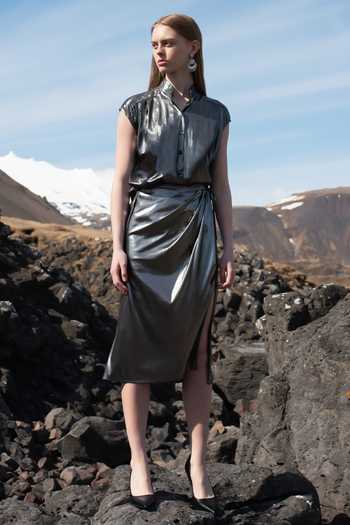 SILVER FULLY EMBELLISHED ASYMMETRICAL SLIT SKIRT SET