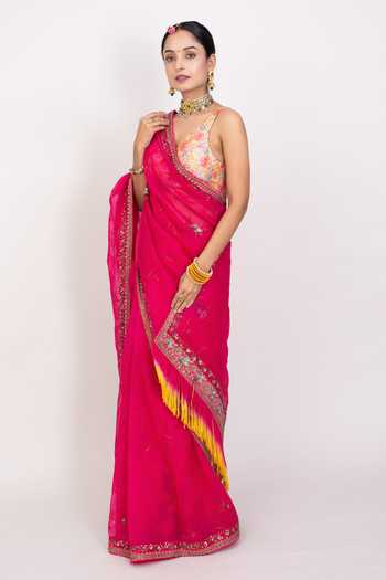 Pink Strips & Jaal Block Print Cotton Saree with Blouse Piece main image 0