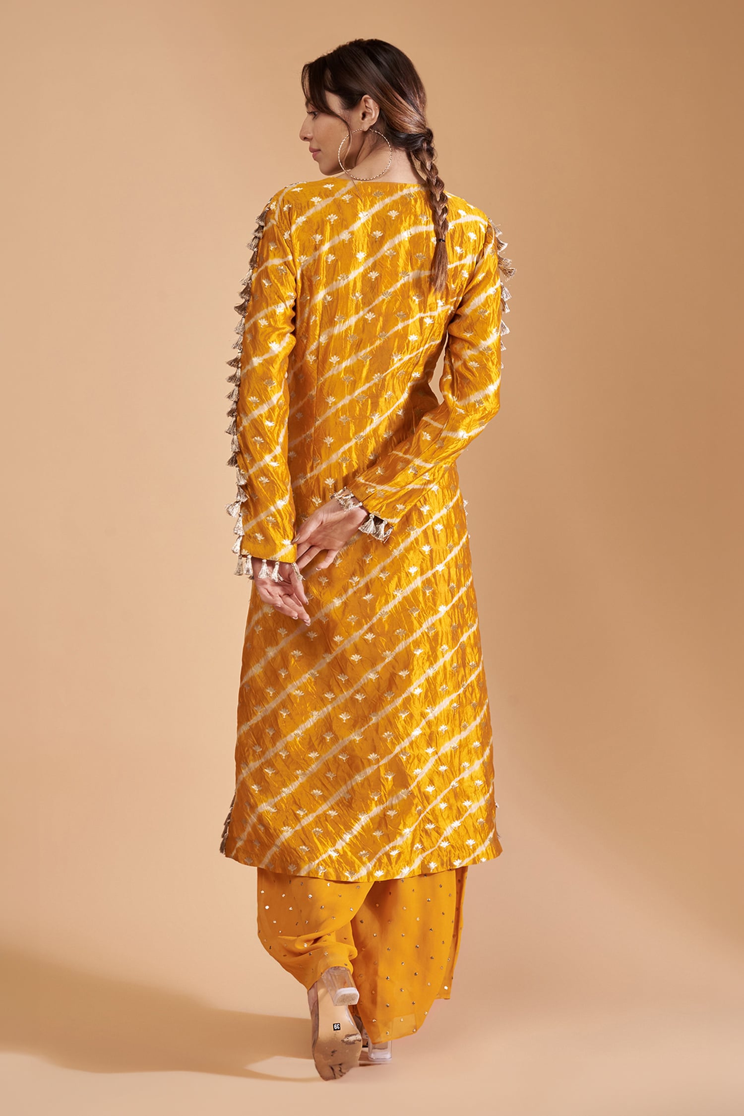 Buy Yellow Georgette Woven Leheriya Notched Kurta Palazzo Set For