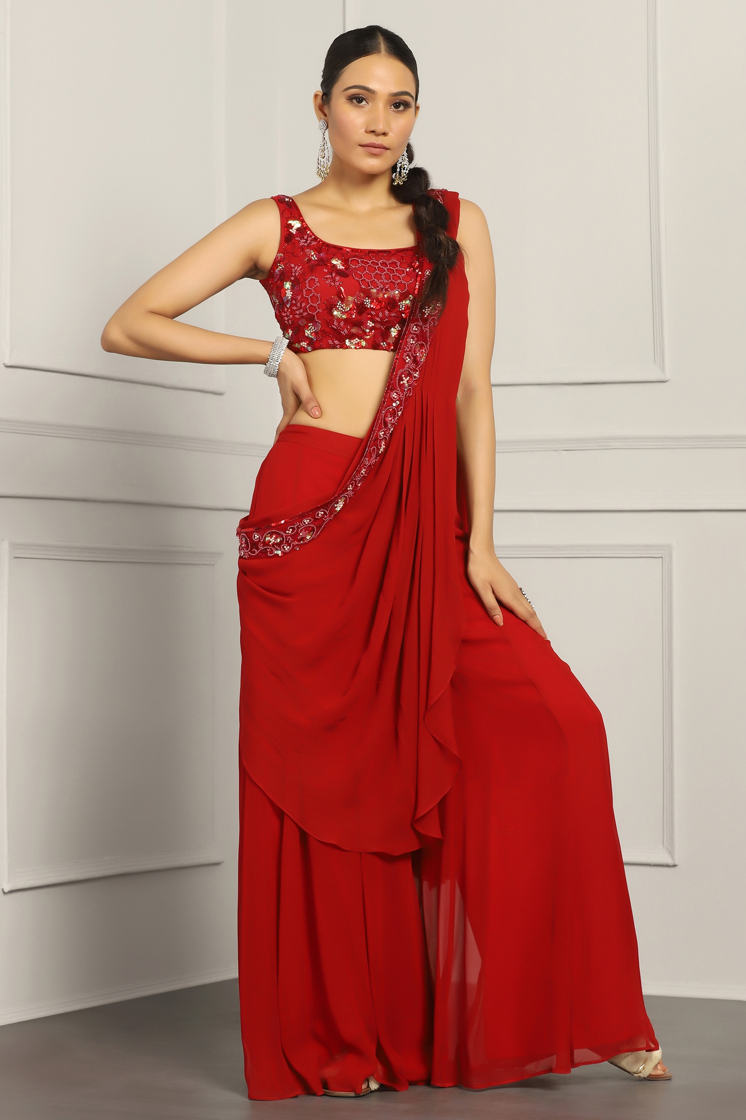 Buy Maroon Georgette Embroidered Sequins Draped Sharara Saree With ...