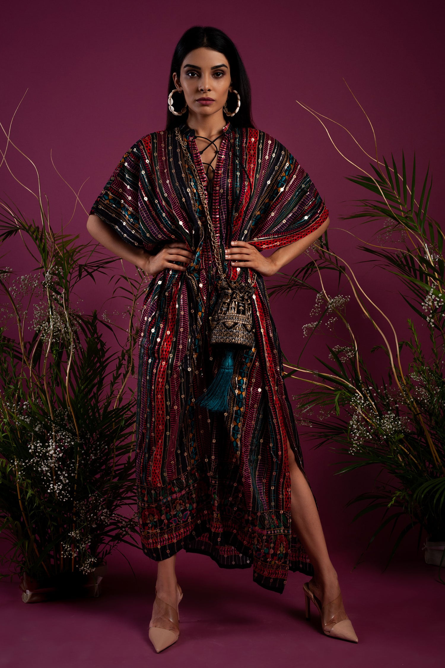 Buy Multi Color Embroidered Sequin V-neck Stripe Print Kaftan For Women ...