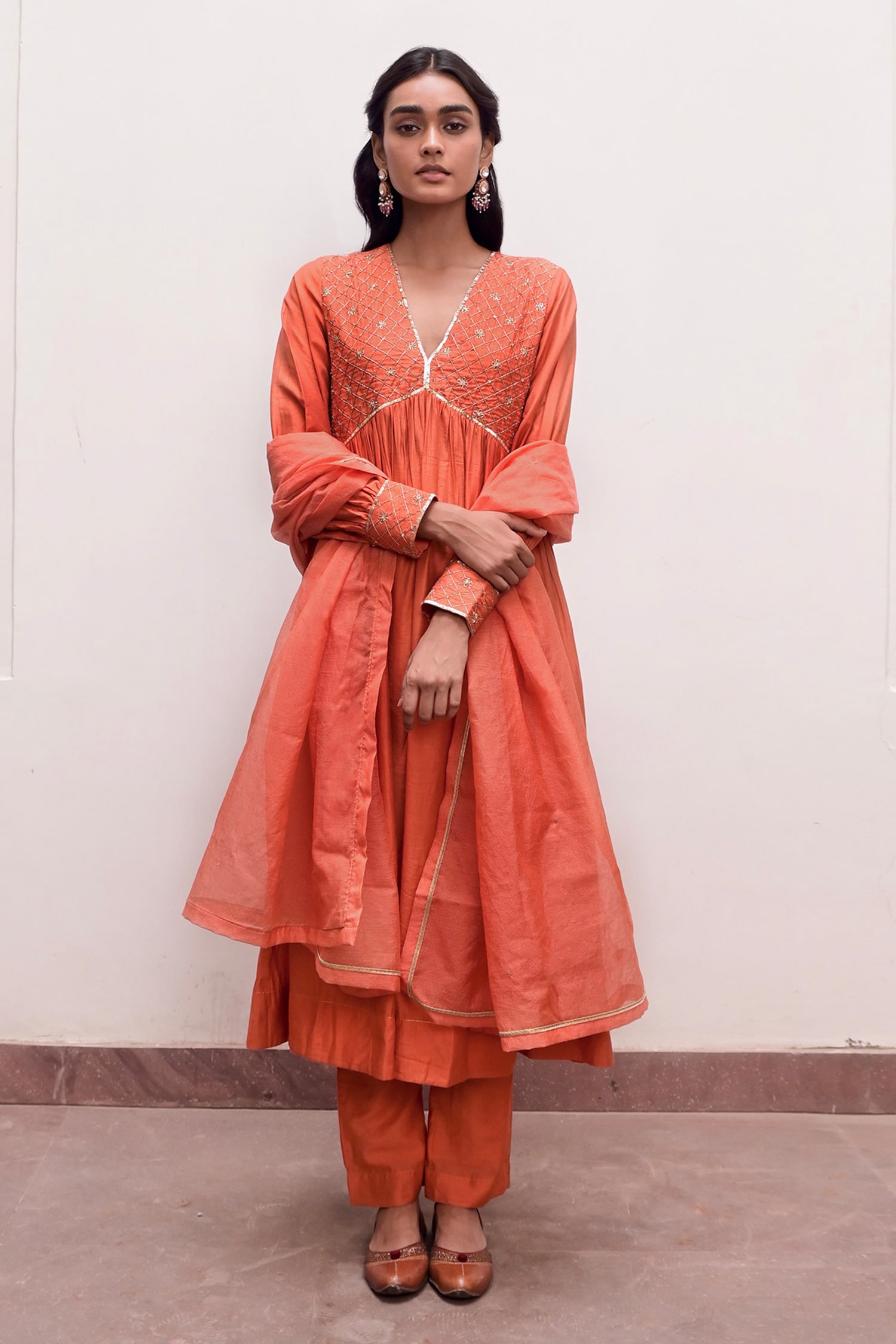 Taro - Orange Handwoven Chanderi Silk Alizeh Yoke A-line Anarkali Set For  Women