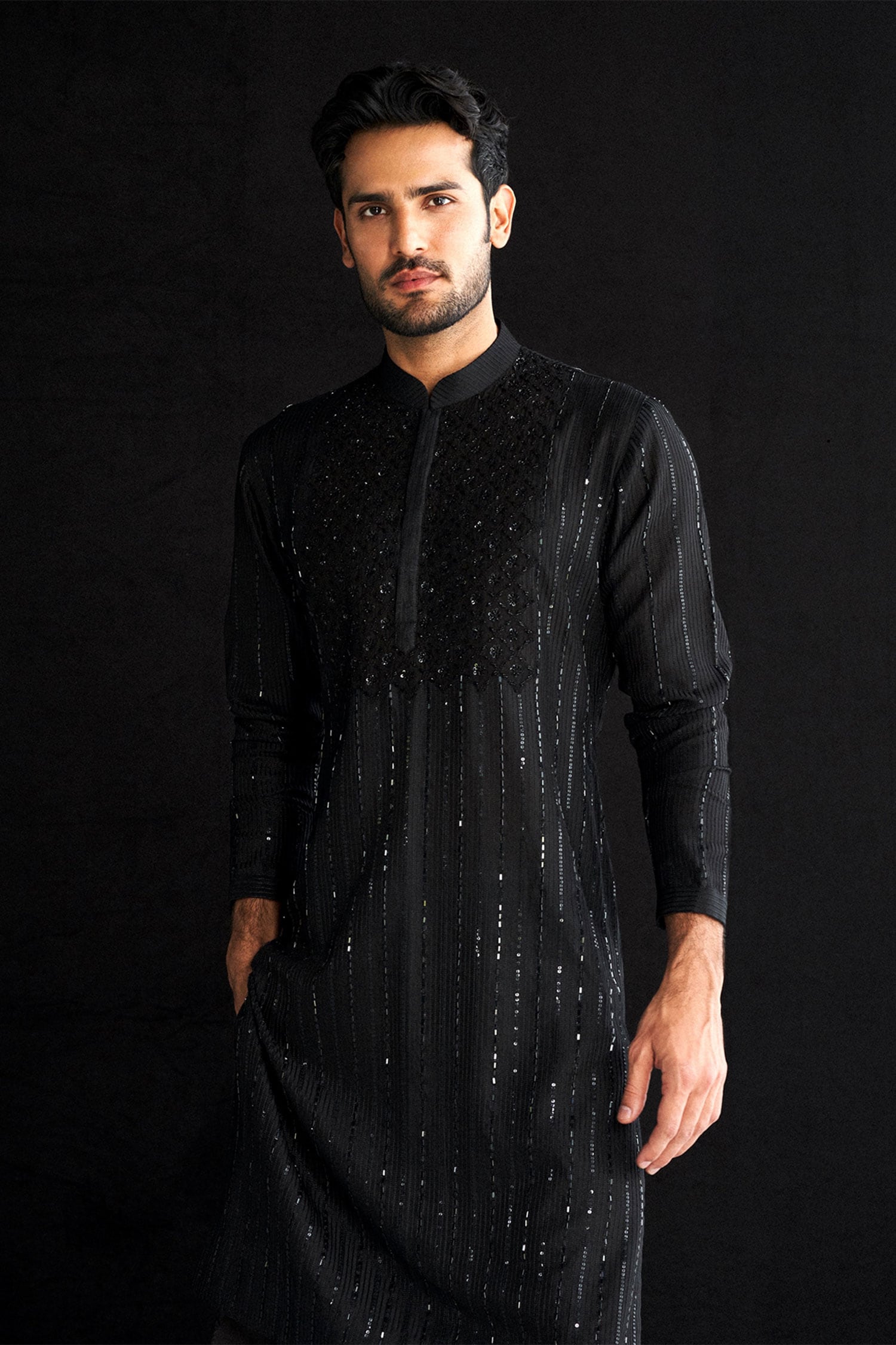 Buy Sawan Gandhi Black Georgette Gicha Chikankari Embroidered Kurta Set ...