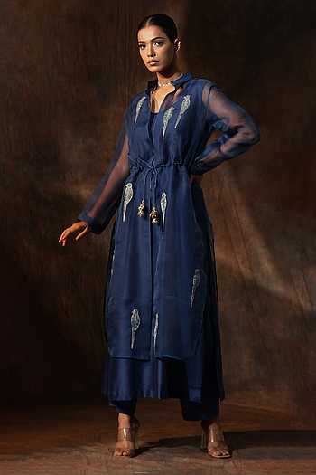 Buy Blue Organza Embroidery Parrot Collared Neck Jacket Pant Set For ...